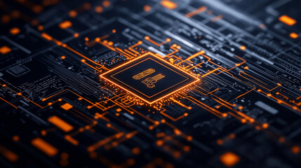 Aufkleber - high resolution image of circuit board featuring glowing microchip, showcasing intricate electronic connections and vibrant orange highlights. design emphasizes technology and innovation
