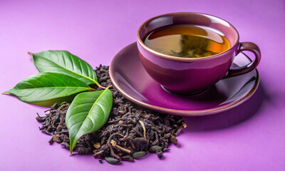 Wall Mural - fresh brewed hot black tea in a purple cup