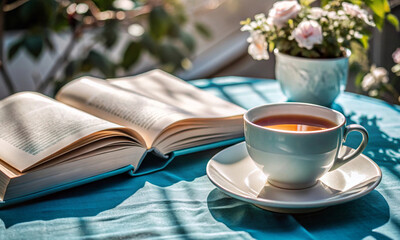 Wall Mural - a gentle still life with a book, hot tea, flowers, and rays of the sun