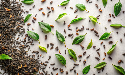 Wall Mural - dry tea and fresh leaves were scattered on the white table