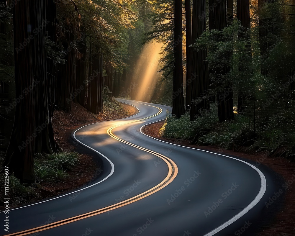 Paved road winding through a forest of towering redwood trees, with ...