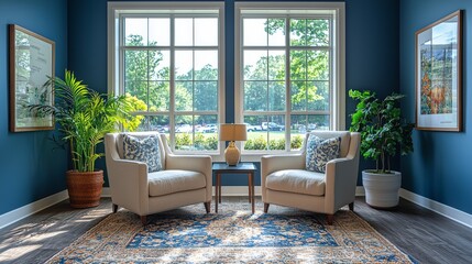 Fototapete - Two comfortable armchairs are positioned in a bright corner with large windows, creating a warm gathering space filled with natural light and greenery.