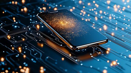 Wall Mural - a sleek smartphone on a glowing circuit board, surrounded by shimmering particles, symbolizing techn