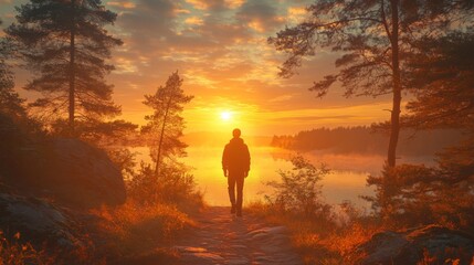 Poster - As the sun sets, a person strolls along a path by the lake, framed by silhouettes of trees. The water reflects warm hues of the sky, creating a serene atmosphere.