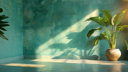 Wall Mural - Indoor plant casting shadows on a teal wall