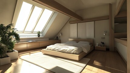 Wall Mural - Modern minimalist attic bedroom with wooden features