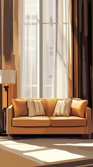 Poster - Sunlit Living Room Sofa With Cushions And Curtains