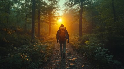Poster - A person in a hiking backpack strolls down a forest trail as the sun rises, casting golden light through the trees, creating a serene atmosphere.
