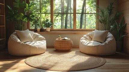 Fototapete - A tranquil living area showcases two plush bean bag chairs and a round woven table, illuminated by warm natural light filtering through a large window with lush greenery outside.