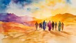 © Mrs. Studio - group of people walking on desert, religious journey watercolor illustration