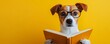 © pongtap - Studious dog reading book bright yellow background fun image