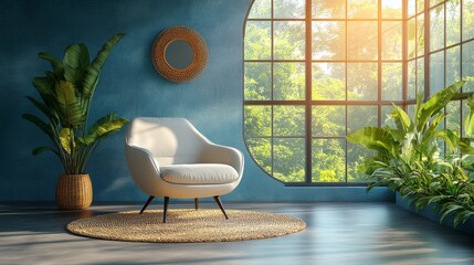 Aufkleber - A modern chair sits invitingly on a textured rug in a spacious room filled with sunlight, surrounded by lush greenery near large windows showcasing nature.