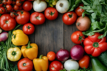 Wall Mural - Fresh vegetables arranged in a circle on a wooden background.