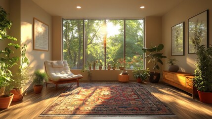 Fototapete - The living room features large windows illuminating the space with soft afternoon light, surrounded by potted plants and warm decor, creating a serene environment.