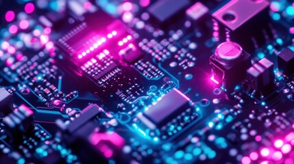 Wall Mural - close-up of a circuit board with glowing components.