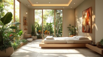 Leinwandbilder - A spacious bedroom features a low platform bed and large windows that open to a vibrant garden, creating a tranquil and inviting atmosphere.