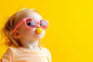 A playful child wearing pink sunglasses and a yellow pacifier, set against a bright yellow background, radiating joy and innocence.