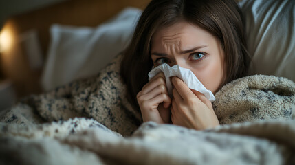 Sick woman using a tissue to sneeze and blowing her nose on her bed during the night.