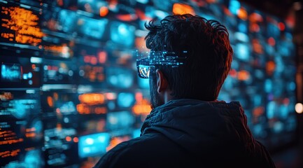 Man gazing at a large digital wall displaying data streams and code.