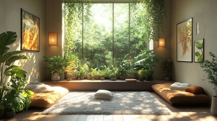 Poster - This tranquil indoor environment showcases lush plants and warm sunlight streaming through large windows, promoting relaxation and a sense of calm. Cushions and a soft rug enhance the cozy vibe.