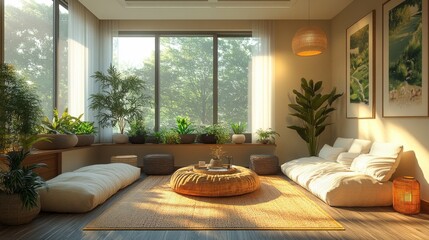 Aufkleber - This inviting living area features large windows allowing plenty of natural light, surrounded by lush green plants and cozy seating. The atmosphere is calm and relaxing.