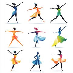 Colorful Dancing Silhouettes   Set of   Elegant Women in Dresses