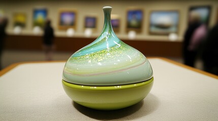 Poster - Artistic showcase elegant table displaying unique pottery art gallery decorative object contemporary setting close-up view