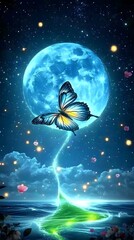 Wall Mural - Magical Butterfly Moonlit Night Seascape Fantasy Art
