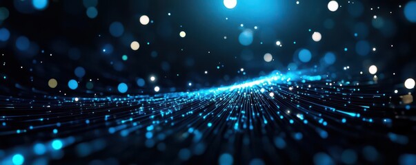 Circular pattern of white and blue particles expanding outwards, against a dark futuristic background Lens flare adds depth, midangle focus with soft bokeh