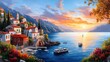 Serene Coastal Village at Sunset with Colorful Houses and Boats Reflecting in Calm Waters