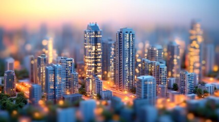  Illuminated Cityscape Model at Dusk Showing Modern Buildings