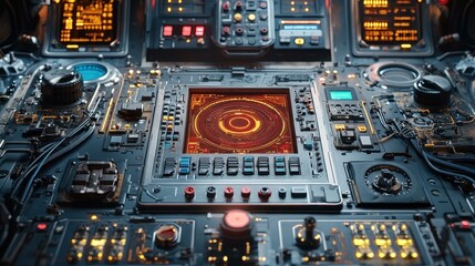 Advanced spaceship control panel with glowing radar screen and numerous buttons, futuristic cockpit technology for sci-fi movies, games, or space exploration backgrounds in dark metallic colors