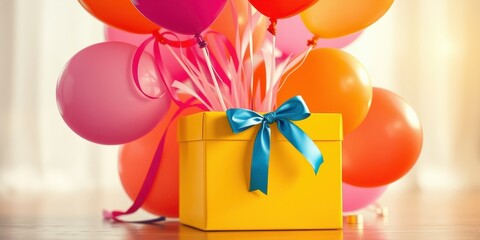 A yellow gift box adorned with a blue bow surrounded by colorful balloons, a festive scene representing joy and celebration