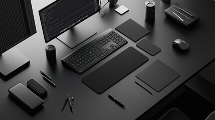 Dark Modern Desk Setup With Computer And Accessories