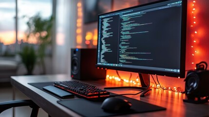 Modern desktop computer setup with glowing RGB keyboard coding software development programming workspace technology background perfect for IT projects, gaming room, office environment, evening ambia