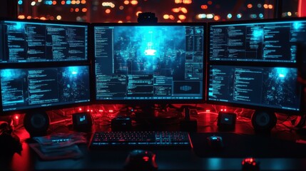 High-tech multi-monitor computer setup with coding screens, programmer workspace for software development, cybersecurity, gaming, or digital office with blue and red neon lighting
