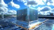 © Premium Illustration - Air conditioning unit on rooftop with bright sky and clouds, modern HVAC system installation, energy efficiency concept, perfect for technology, construction, and industrial backgrounds, blue tones,