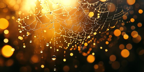 Golden Sunrise Dewdrops on Spiderweb Nature Macro Photography