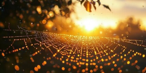 Golden Sunrise Dew Drops on Spiderweb Nature Macro Photography