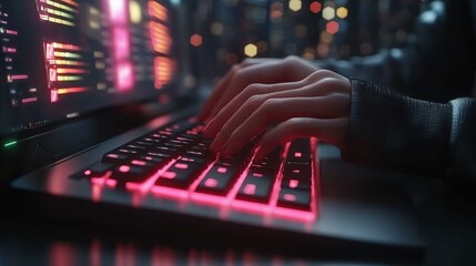 Close-up of hands typing on illuminated gaming laptop keyboard with neon lights, technology coding concept for cybersecurity, programming, or digital work, dark background with futuristic ambiance