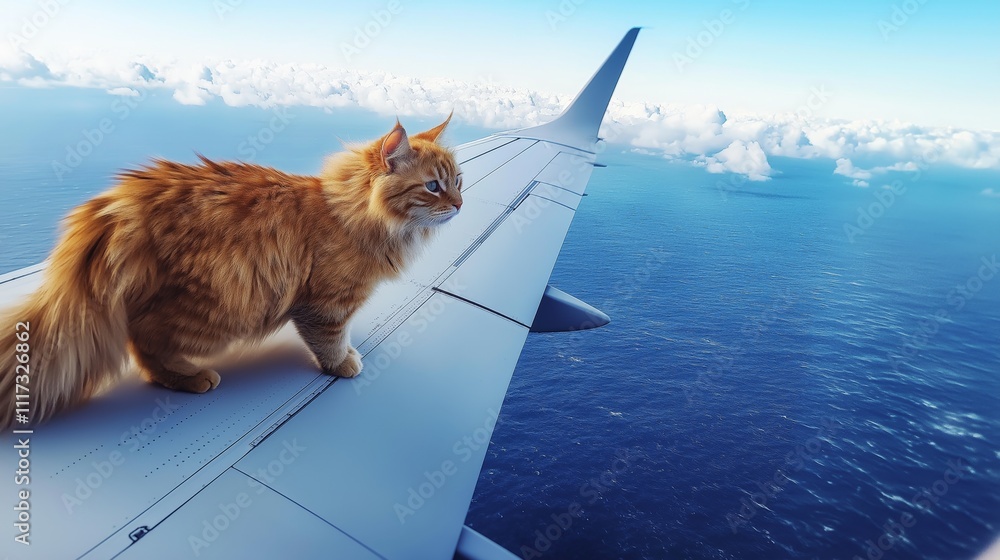 extremely large furry cat standing sideways on top of a long airplane ...