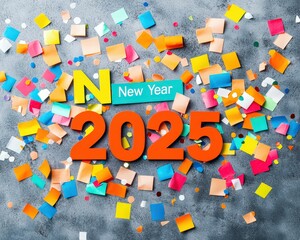 Playful label with New Year 2025 written in colorful confetti shapes