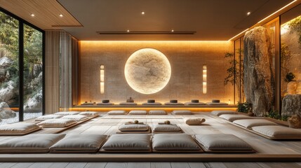 Fototapete - A calming meditation space features soft floor cushions, a circular wall design, and natural light filtering through glass panels, creating a peaceful atmosphere for relaxation.