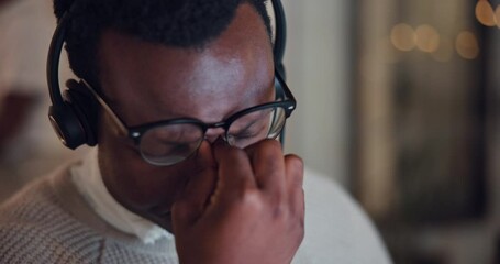 Poster - Headache, stress and black man in call centre, pain and burnout for workaholic, tired and telemarketing. Consultant, fatigue and person with migraine, overtime and worry for lead generation and agent