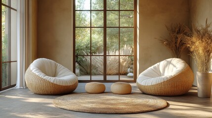 Poster - A warm and inviting space features two oversized wicker chairs and a round natural rug, illuminated by sunlight streaming through large windows showcasing vibrant outdoor greenery.