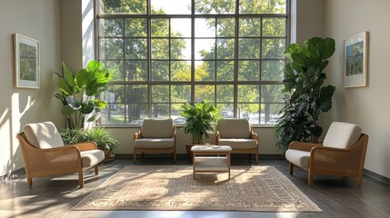Poster - A welcoming waiting area features four cozy chairs and a central table, surrounded by lush plants and large windows that let in abundant sunlight.