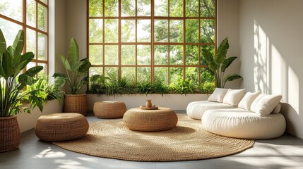 Aufkleber - This bright and airy living room features large windows that invite sunlight, surrounded by lush green plants and comfortable seating, creating a tranquil atmosphere.