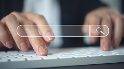 Wall Mural - seo data search tool, technology of search engine optimization. customer typing on computer to searc