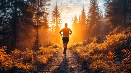 Poster - In the early morning, a person runs along a forest trail, surrounded by tall trees and bathed in warm golden sunlight. The atmosphere is serene and invigorating.