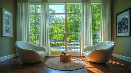 Aufkleber - Two stylish white chairs are positioned around a small woven table by a large window. Sunlight streams in, illuminating the lush greenery outside.